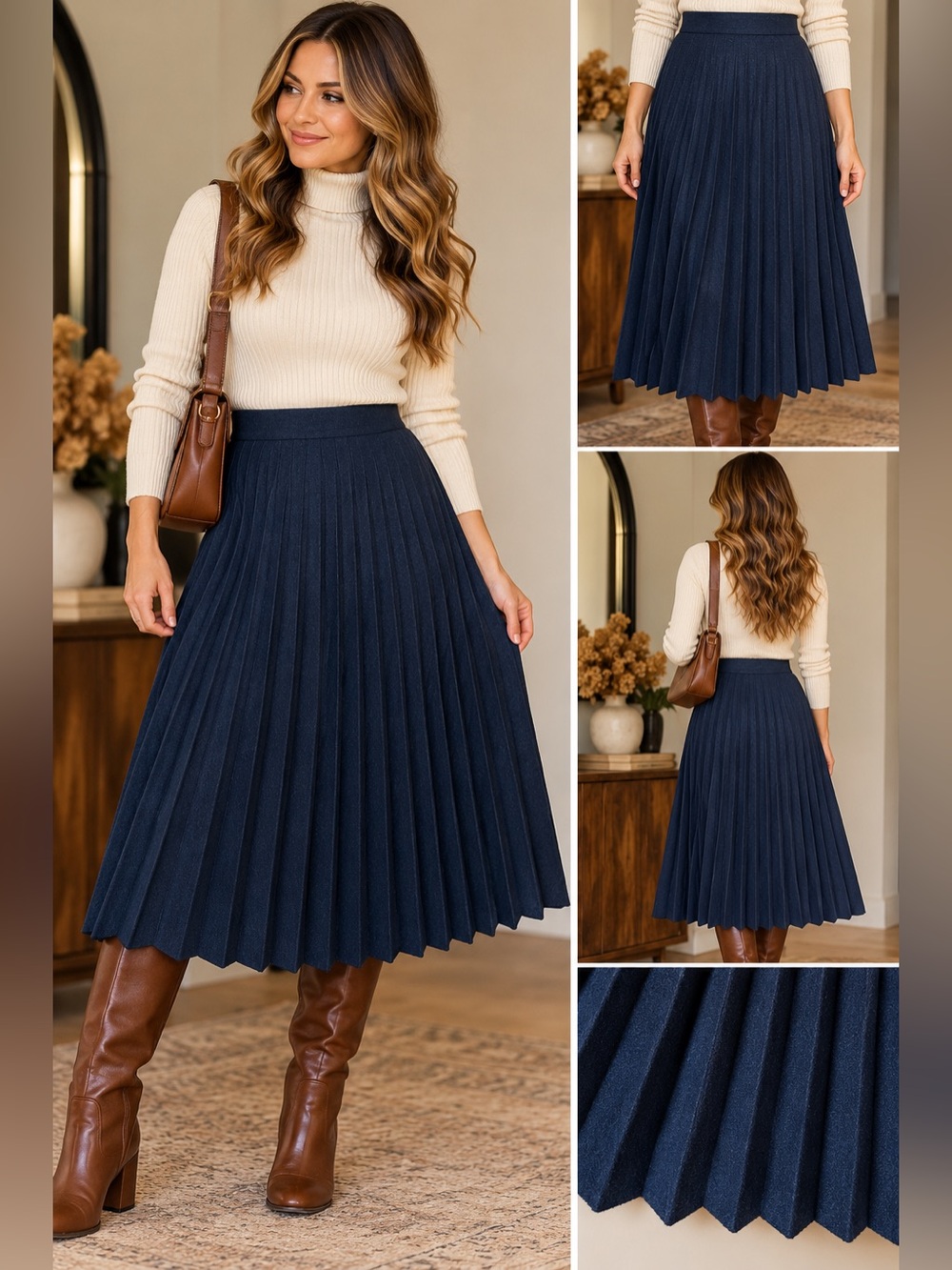 Vintage 1970s Talbott Navy Pleated Midi Skirt Womens Size 12
